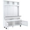 5 In 1 Entryway Bench With Shutter - Shaped Doors, Coat Rack, Cushion And 4 Sturdy Hooks, Wide Hall Tree With Storage Bench For Hallway, Entryway, Living Room - White - Image 14