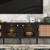 Rattan TV Stand With 3 Cabinets & 2 Drawers, Rattan-Inspired Media Console Table For Tvs Up To 80'', LED Light Entertainment Center, TV Cabinet For Living Room - Black - Image 23