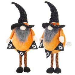 Standing Gnome With Gnome & Holding Banner, For Halloween Decor (Set of 2) - Black / Orange / White