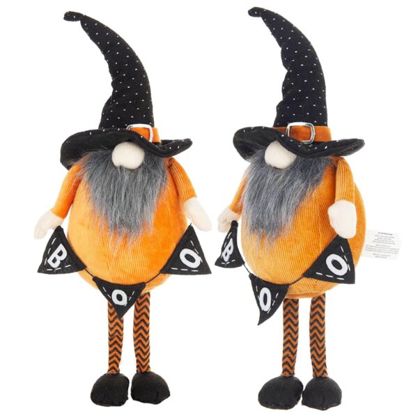 Standing Gnome With Gnome & Holding Banner, For Halloween Decor (Set of 2) - Black / Orange / White