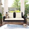 2 Person Wicker Hanging Porch Swing With Chains, Cushion, Pillow, Rattan Swing Bench For Garden, Backyard - White / Gray - Image 36