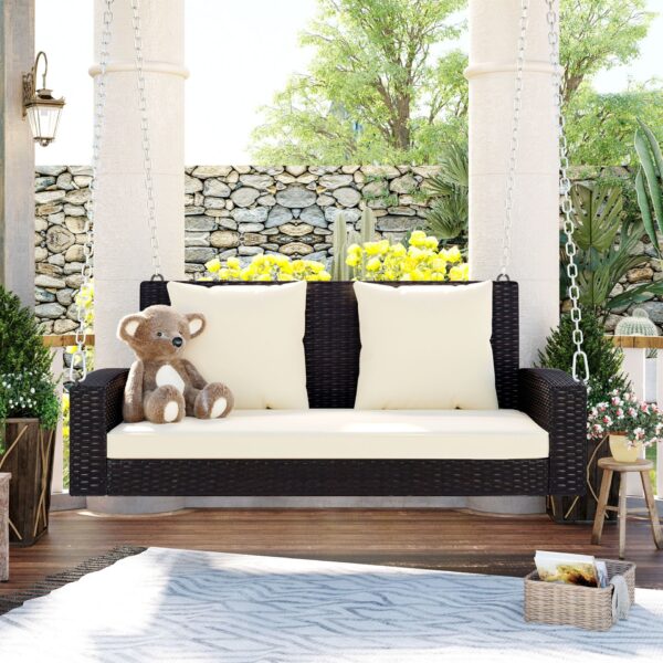 2 Person Wicker Hanging Porch Swing With Chains, Cushion, Pillow, Rattan Swing Bench For Garden, Backyard - Brown / Beige