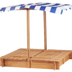 Kids Sandbox With Adjustable Cover, Sand Box With 2 Foldable Bench Seats, Outdoor Sandpit For Backyard Play - Light Brown