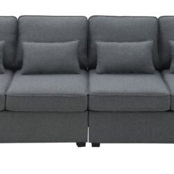 4 Seater Modern Linen Sofa With Armrest Pockets And 4 Pillows, Minimalist Style Couch - Dark Gray