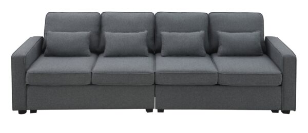 4 Seater Modern Linen Sofa With Armrest Pockets And 4 Pillows, Minimalist Style Couch - Dark Gray