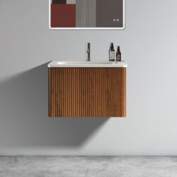 Etna - Striped Bathroom Vanity With Ceramic Sink, Wall Mounted Floating Bathroom Vanity For Modern Bathroom - White / Walnut
