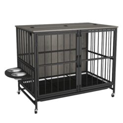Modern Kennel Dogs Room Up To 60 Lb, Dog Crate Furniture With Multi-Purpose Rremovable Ttray, Double-Door Dog House, Lift Panel, 360 Degree Rotation, 3 Height Adjustable Feeding Bowls - Antique Gray