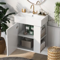 Modern Floating Bathroom Vanity With Ceramic Basin Perfect For Small Bathrooms, Right Side Storage - White