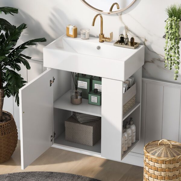 Modern Floating Bathroom Vanity With Ceramic Basin Perfect For Small Bathrooms, Right Side Storage - White