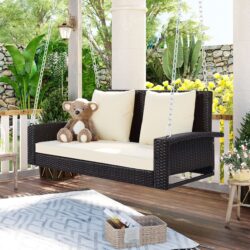 2 Person Wicker Hanging Porch Swing With Chains, Cushion, Pillow, Rattan Swing Bench For Garden, Backyard - White / Gray