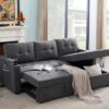 Mabel - Woven Fabric Sleeper Sectional With Cupholder, USB Charging Port nd Pocket - Dark Gray - Image 4