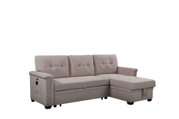 Ashlyn - Reversible Sleeper Sectional Sofa With Storage Chaise, USB Charging Ports And Pocket - Light Gray