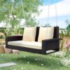 2 Person Wicker Hanging Porch Swing With Chains, Cushion, Pillow, Rattan Swing Bench For Garden, Backyard - Brown / Beige - Image 8