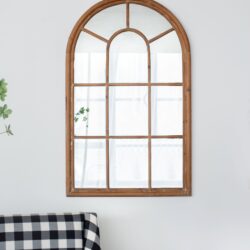 Large Arched Accent Mirror With Frame With Decorative Window Look Classic Architecture Style Solid Fir Wood Interior Decor - Brown