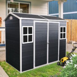 Resin Outdoor Storage Shed With Two-Window And Double-Door, Plastic Shed With Floor For Gargen, Patio, Yard, Lawn - Black
