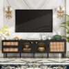 Rattan TV Stand With 3 Cabinets & 2 Drawers, Rattan-Inspired Media Console Table For Tvs Up To 80'', LED Light Entertainment Center, TV Cabinet For Living Room - Black - Image 2