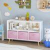 Kids Bookcase With Collapsible Fabric Drawers, Children's Book Display, Toy Storage Cabinet Organizer - White / Pink - Image 2