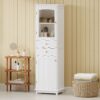 Tall Bathroom Storage Cabinet With Glass Doors, Free-Standing, Two Drawers, And Adjustable Shelves, MDF Board, Painted Perfect For Displaying Your Favorite Items - White - Image 3
