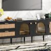 Rattan TV Stand With 3 Cabinets & 2 Drawers, Rattan-Inspired Media Console Table For Tvs Up To 80'', LED Light Entertainment Center, TV Cabinet For Living Room - Black - Image 18