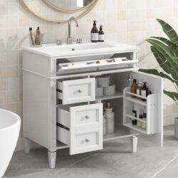 Bathroom Vanity & Top Sink, Modern Bathroom Storage Cabinet, 2 Drawers And A Tip-Out Drawer, Single Sink Bathroom Vanity - White