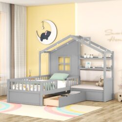 Twin Size House Bed With Sofa, Kids Platform Bed With 2 Drawers And Storage Shelf - Gray