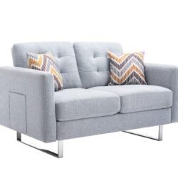 Victoria - Linen Fabric Loveseat With Metal Legs, Side Pockets, And Pillows - Light Gray