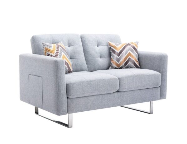 Victoria - Linen Fabric Loveseat With Metal Legs, Side Pockets, And Pillows - Light Gray
