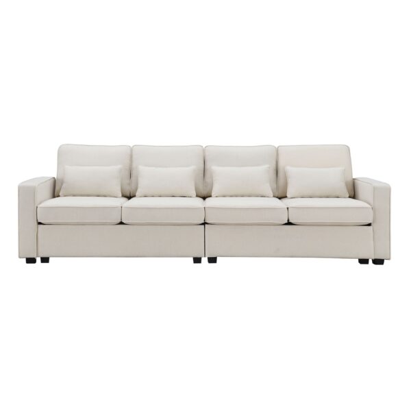 4 Seater Modern Linen Sofa With Armrest Pockets And 4 Pillows, Minimalist Style Couch - Beige