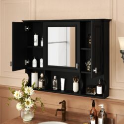 Wall Mounted Bathroom Medicine Cabinet, Modern Bathroom Wall Cabinet With Mirror, Mirror Cabinet With Open Shelves - Black