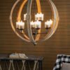 9 Light Globe Chandelier, Wood Chandelier Hanging Light Fixture With Adjustable Chain For Kitchen, Bulb Not Included - Brown - Image 6