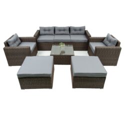 6 Piece Patio Rattan Wicker Outdoor Furniture Conversation Sofa Set With Removeable Cushions And Temper Glass Tabletop - Brown