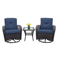3 Pieces Conversation Set, Outdoor Wicker Rocker Swivel Patio Bistro Set, Rocking Chair With Glass Top Side Table - Navy Blue
