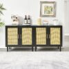 Side Panel Buffet Cabinet With Natural Rattan Door, Rattan Storage Cabinet With Adjustable Shelves, Side Panel And Buffet With Storage Space, Modern Console Cabinet In Bedroom And Living Room - Black / Beige - Image 3