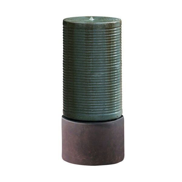 Tall Large Modern Cylinder Ribbed Tower Water Fountain With Rustic Base, Contemporary Antique Green Copper Outdoor Bird Feeder / Bath Cement Fountain - Antique Green