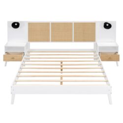 Queen Size Bed Frame With 2 Nightstands Elegant Design With Lamps - White