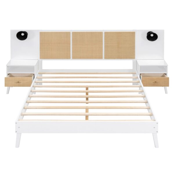 Queen Size Bed Frame With 2 Nightstands Elegant Design With Lamps - White