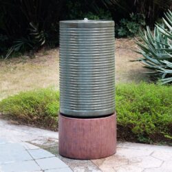 Tall Large Modern Cylinder Ribbed Tower Water Fountain With Rustic Base, Contemporary Antique Green Copper Outdoor Bird Feeder / Bath Cement Fountain - Antique Green
