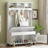 5 In 1 Entryway Bench With Shutter - Shaped Doors, Coat Rack, Cushion And 4 Sturdy Hooks, Wide Hall Tree With Storage Bench For Hallway, Entryway, Living Room - White - Image 2
