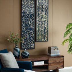 Rectangular Shaped Rice Paper Shadow Box Decor Wall Art, Transitional Style Wall Decor (Set of 2) - White / Blue