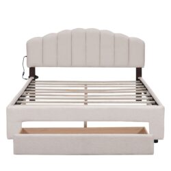 Queen Size Upholstered Platform Bed With Drawer - Beige