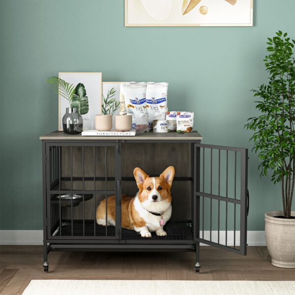Modern Kennel Dogs Room Up To 60 Lb, Dog Crate Furniture With Multi-Purpose Rremovable Ttray, Double-Door Dog House, Lift Panel, 360 Degree Rotation, 3 Height Adjustable Feeding Bowls - Antique Gray
