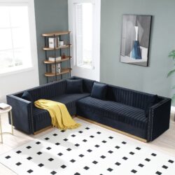 Contemporary Vertical Channel Tufted Velvet Sectional Sofa For Living Room With 4 Pillows - Black