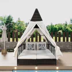 Outdoor Daybed Patio Lounge Bed With Adjustable Backrest Double Sun Lounger With Curtains, 4 Pillows For Garden Patio Poolside Balcony Beach - Cream
