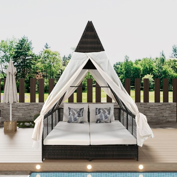 Outdoor Daybed Patio Lounge Bed With Adjustable Backrest Double Sun Lounger With Curtains, 4 Pillows For Garden Patio Poolside Balcony Beach - Cream