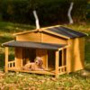 Large Wooden Dog House Outdoor / Indoor Dog Crate, Cabin Style, With Porch, 2 Doors - Natural - Image 2