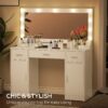 47.2" Vanity Desk With Large Mirror, 3 Colour Lighting Modes, Adjustable Brightness, Dresser With 3 Drawers & 2 Vertical Cabinets, Makeup Vanity Table For Women & Girls - White - Image 3