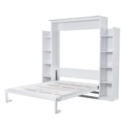 Queen Size Murphy Wall Bed With Shelves And LED Lights - White