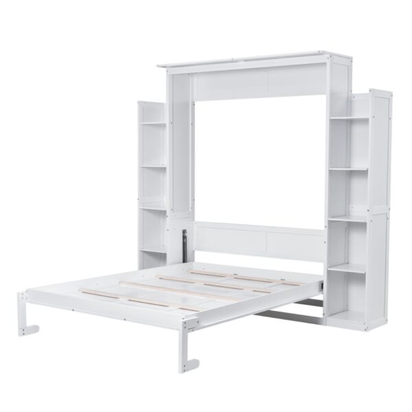 Queen Size Murphy Wall Bed With Shelves And LED Lights - White