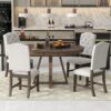 5 Piece Retro Functional Dining Set, Round Table With Leaf And 4 Upholstered Chairs For Dining Room And Living Room - Walnut - Image 3