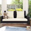 2 Person Wicker Hanging Porch Swing With Chains, Cushion, Pillow, Rattan Swing Bench For Garden, Backyard - Brown / Beige - Image 3